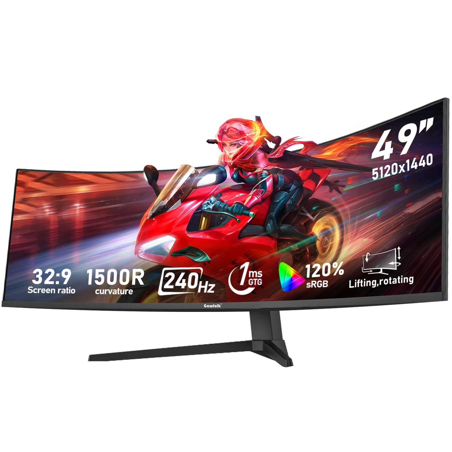 Gawfolk 49 inch Ultra-Wide Curved 1500R Gaming Computer Monitor, DQHD(5120  1440), 240Hz, 1MS, FreeSync, 120% sRGB, Height Adjus