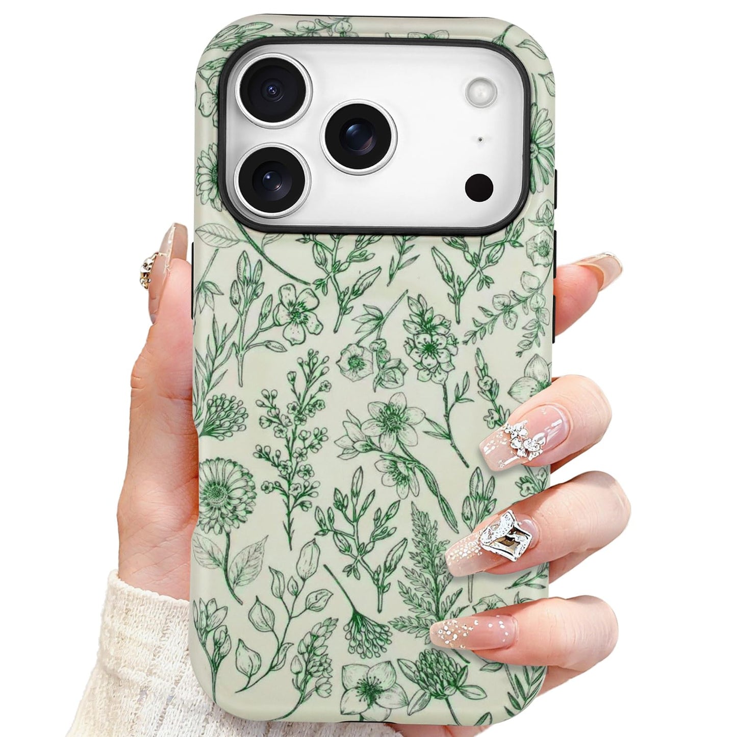 SOKAD Magnetic Sage Floral Phone Case for iPhone 17 Pro, Vintage Green Flower Pattern Compatible with Magsafe Matte Protective C