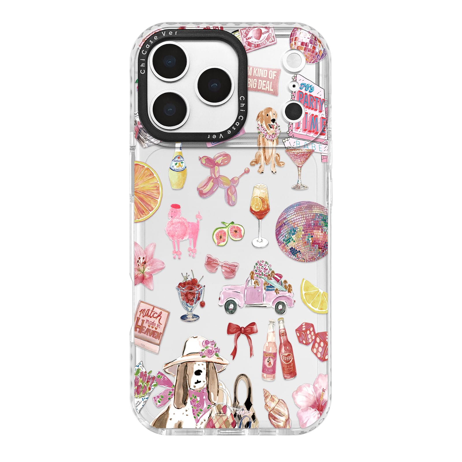 ChiCaseVer for iPhone 17 Pro Max Case, Party Time Collage Pattern with Cute Dogs & Cocktails, Girly Pink Soft Slim TPU Protectiv