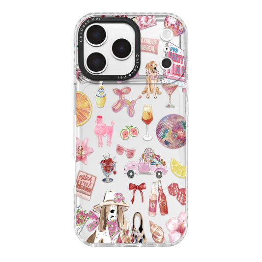 ChiCaseVer for iPhone 17 Pro Case, Party Time Collage Pattern with Cute Dogs & Cocktails, Girly Pink Soft Slim TPU Protective &