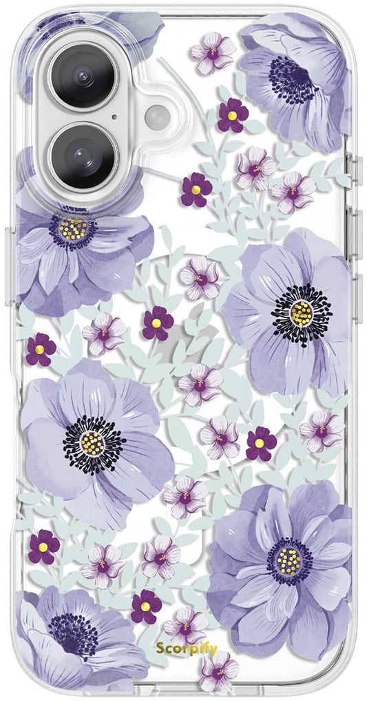 SCORPIFY for iPhone 17 Case [Compatible with MagSafe] with Purple Anemone Floral Design, Cute Clear Flower Phone Magnetic Cover