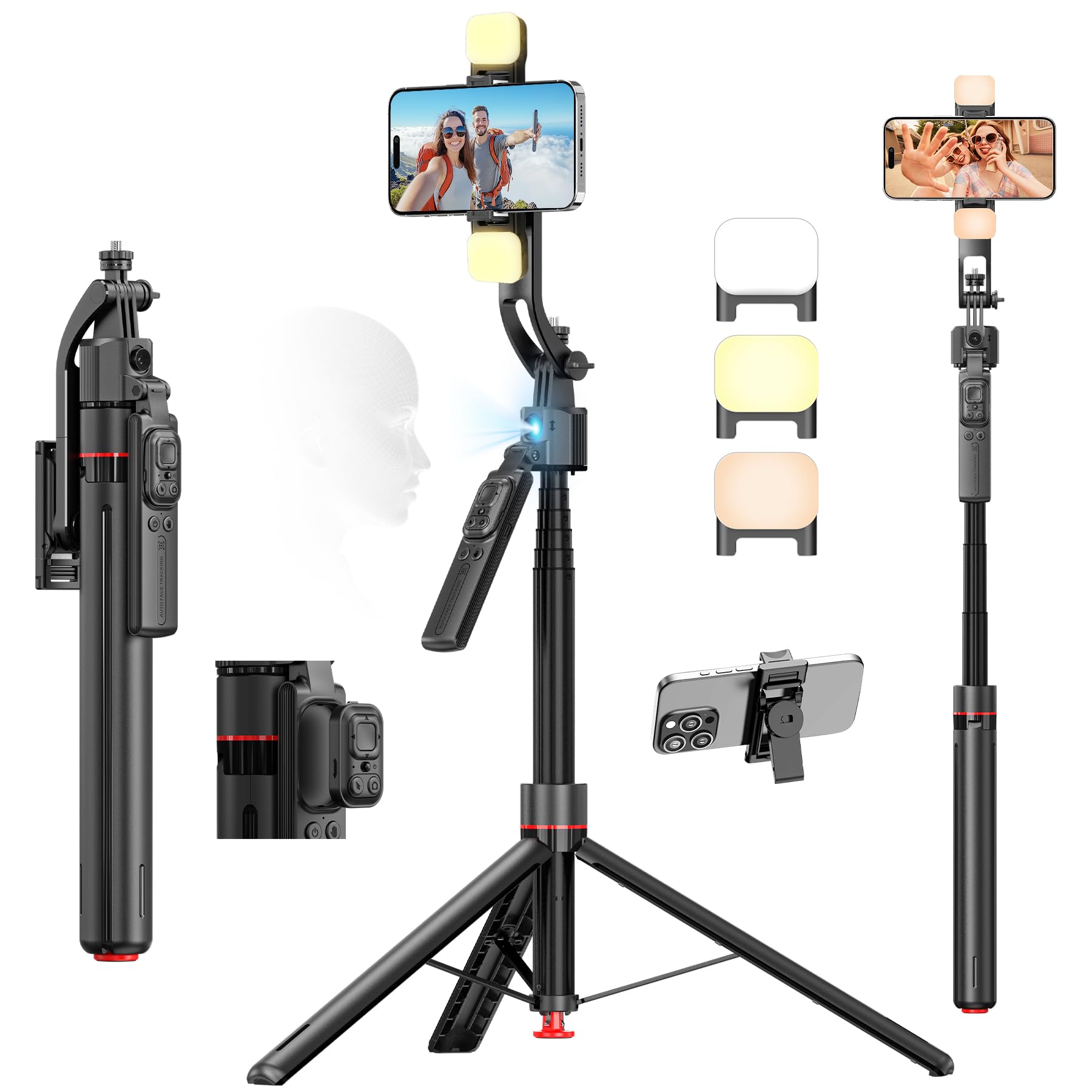 BRDOOGU Phone Tripod with Light & Bluetooth Remote, 69.3 Auto Face Tracking Tripod 360 Rotatable One-Touch Open, Extendable Stan