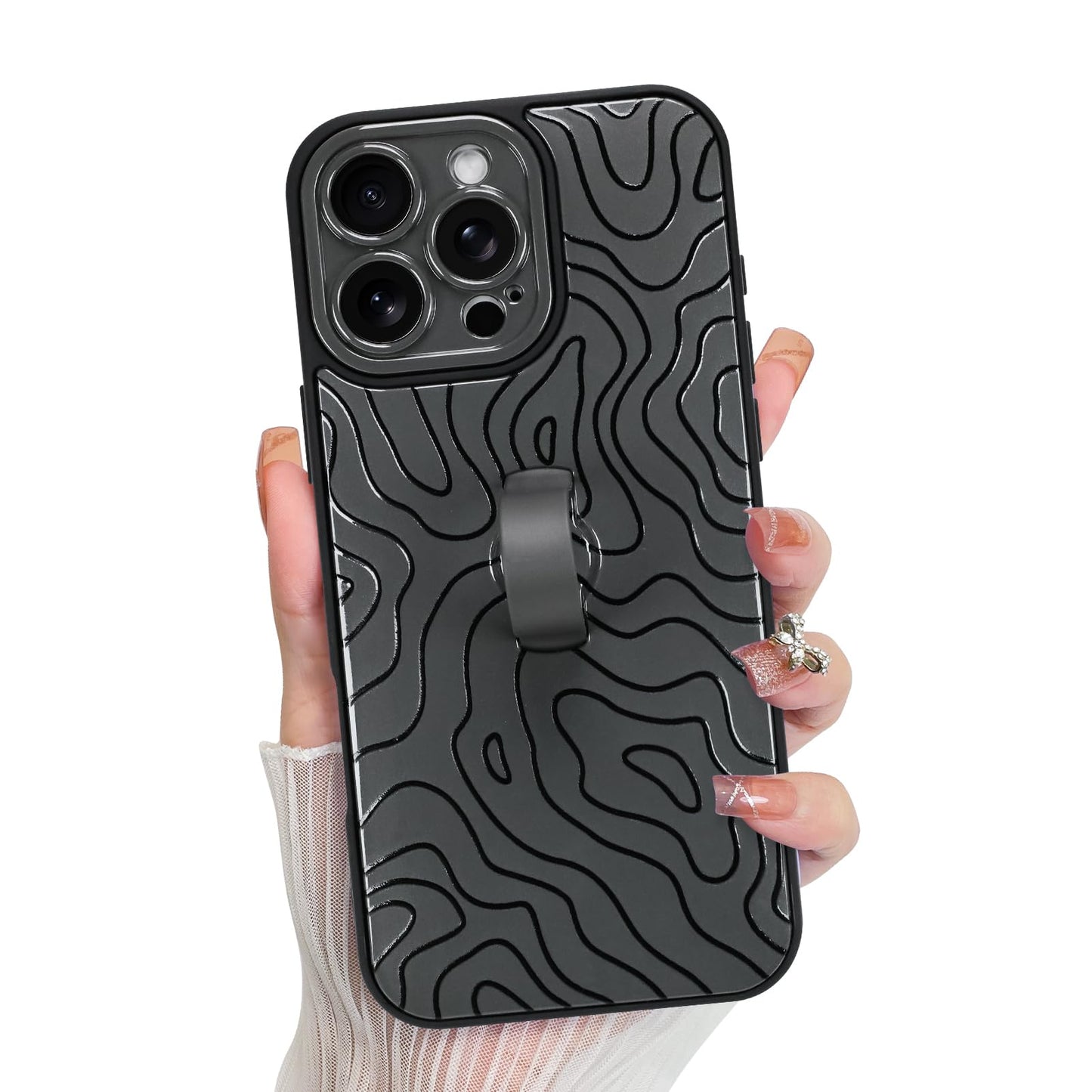 KANGHAR Compatible with iPhone 16 Pro Max Case, Silicone Wave Ripple Cute Pattern, Wristband Kickstand Camera Protection Soft Sl