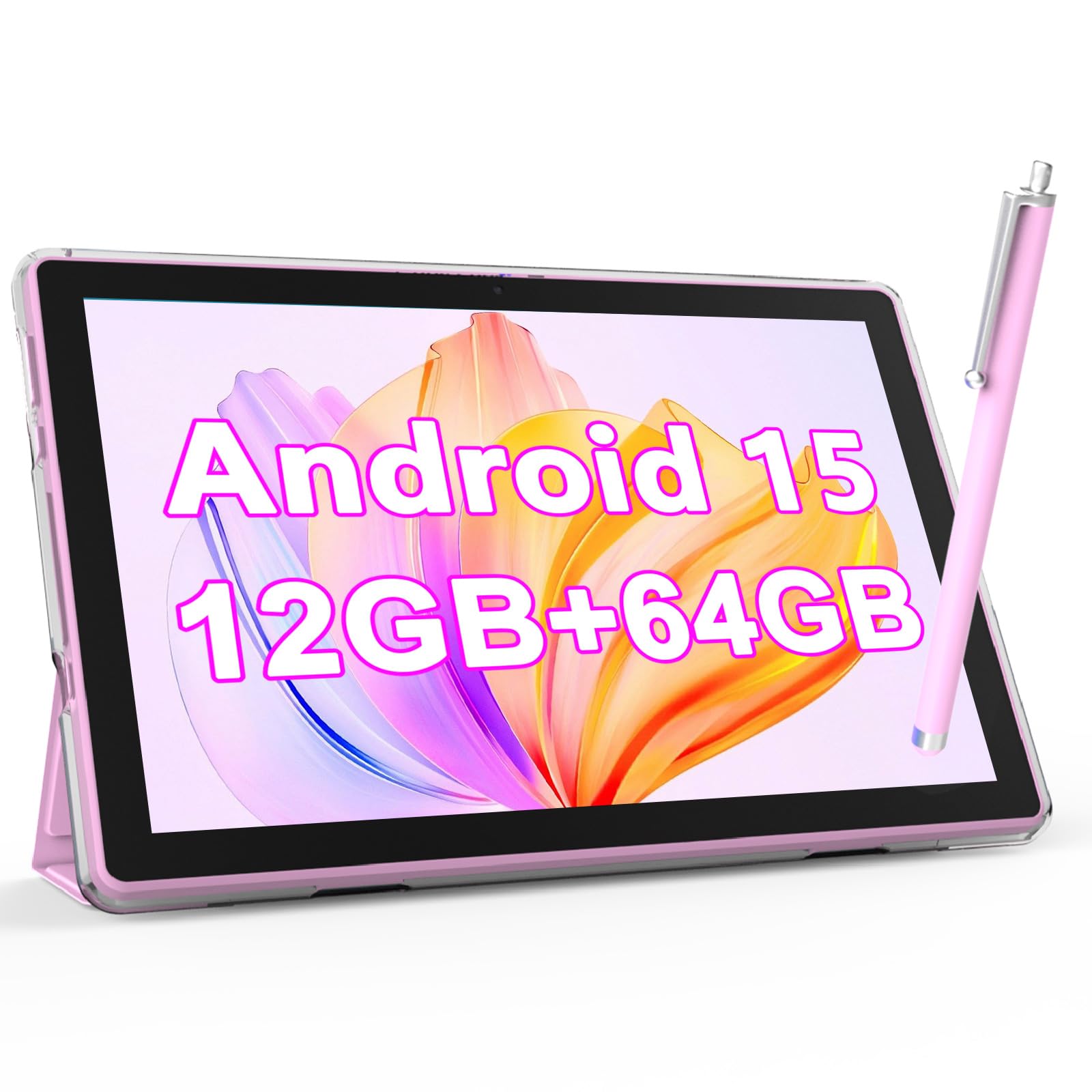NOVOJOY Tablet 10 Inch Android Tablets with Case and Stylus Android 15 Tablet with Cover 2MP+8MP Dual Camera 6000mAh Battery 12G