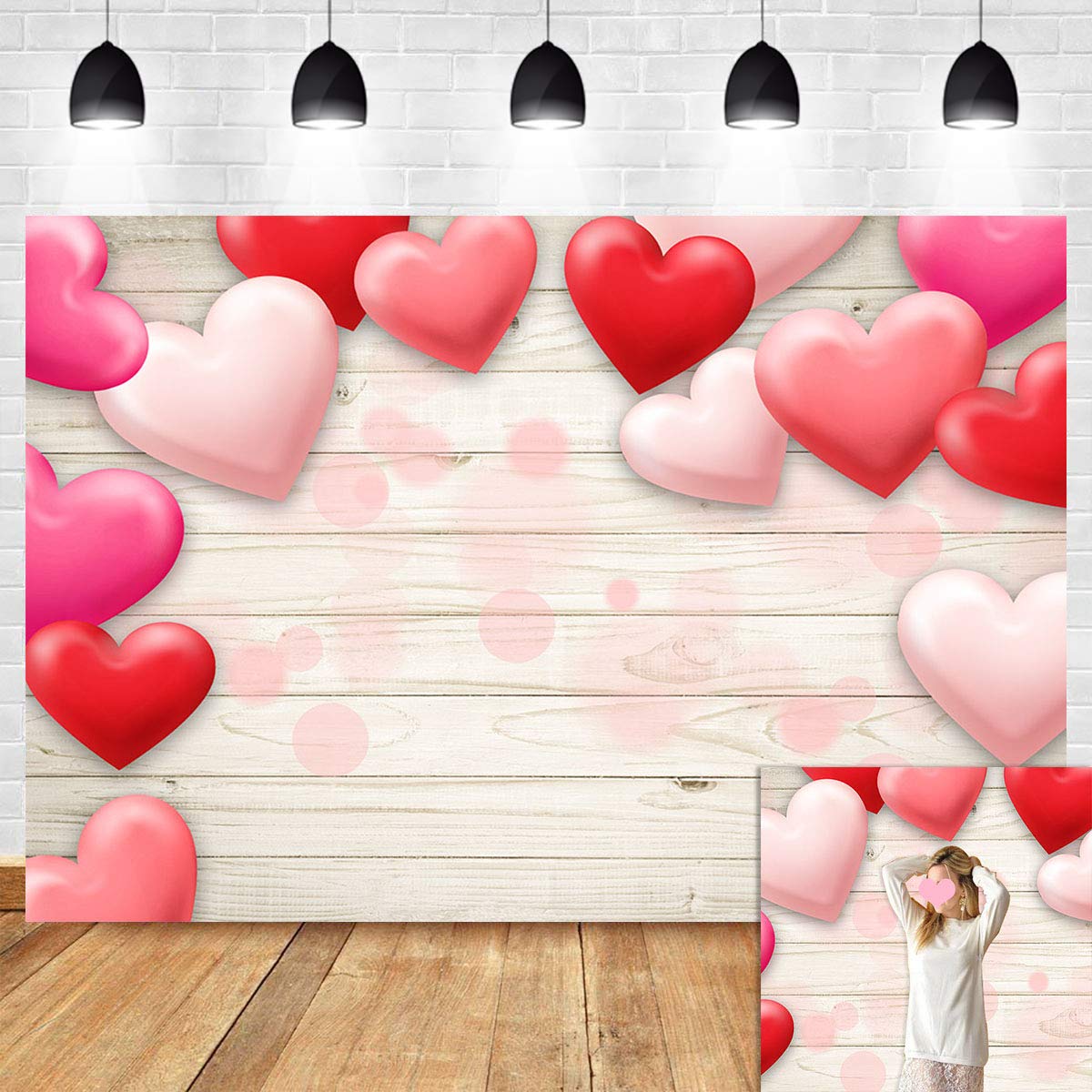 Valentines Day Fanghui Love Red Heart Photo Background for Wedding Party Supplies Polyester 7x5ft Wooden Board Photography Back