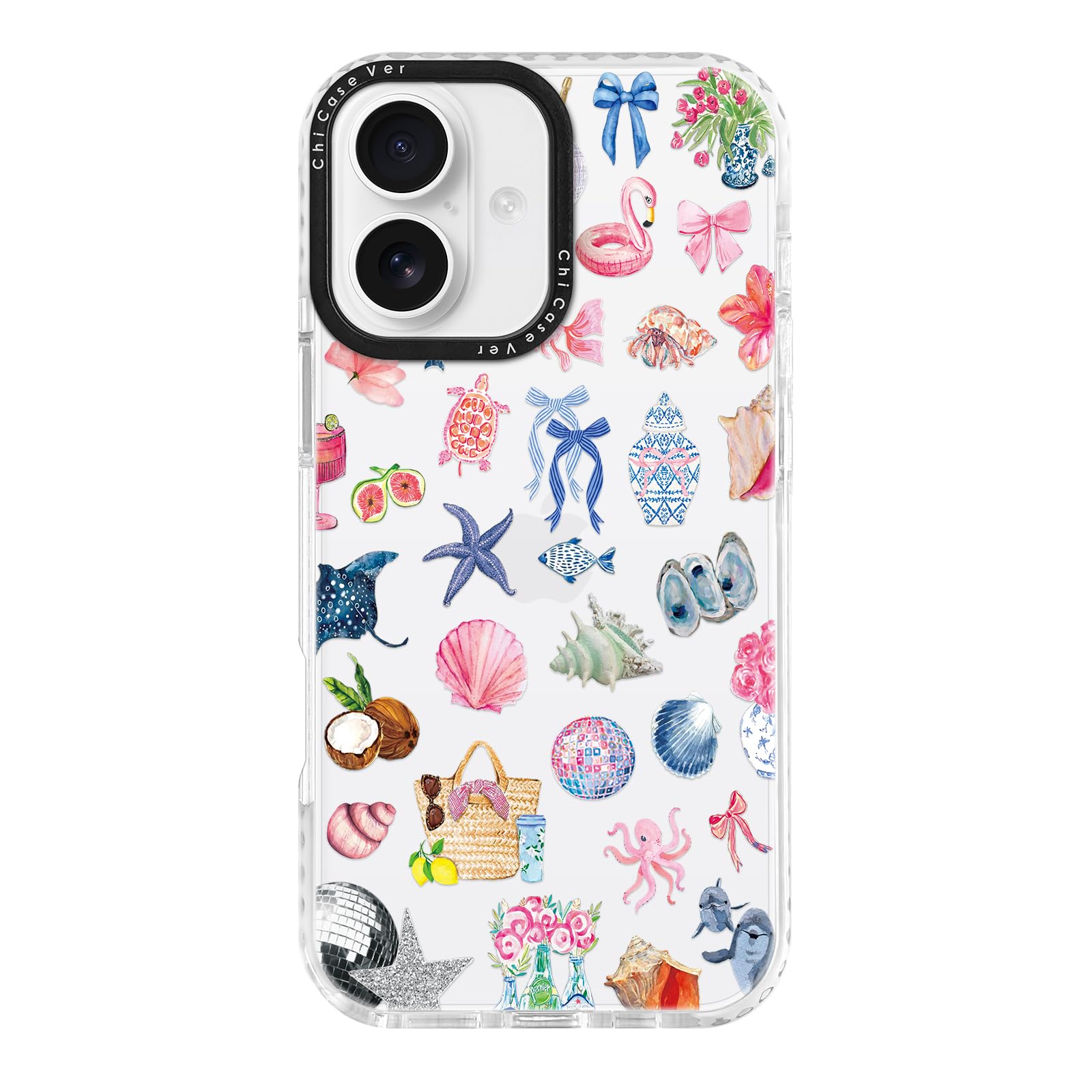 ChiCaseVer for iPhone 16 Case, Tropical Beach Collage Pattern with Flamingos, Military-Grade Drop Protection, Colorful Summery S