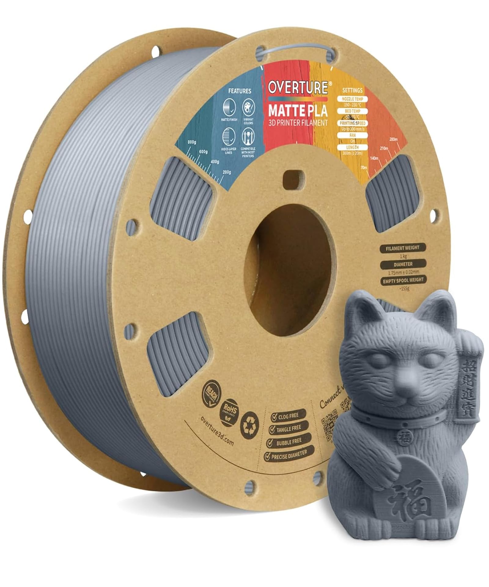 OVERTURE PLA Matte 3D Printer Filament 1.75mm, Matte PLA 1kg Cardboard Spool (2.2lbs), Dimensional Accuracy +/- 0.02 mm (Matte L