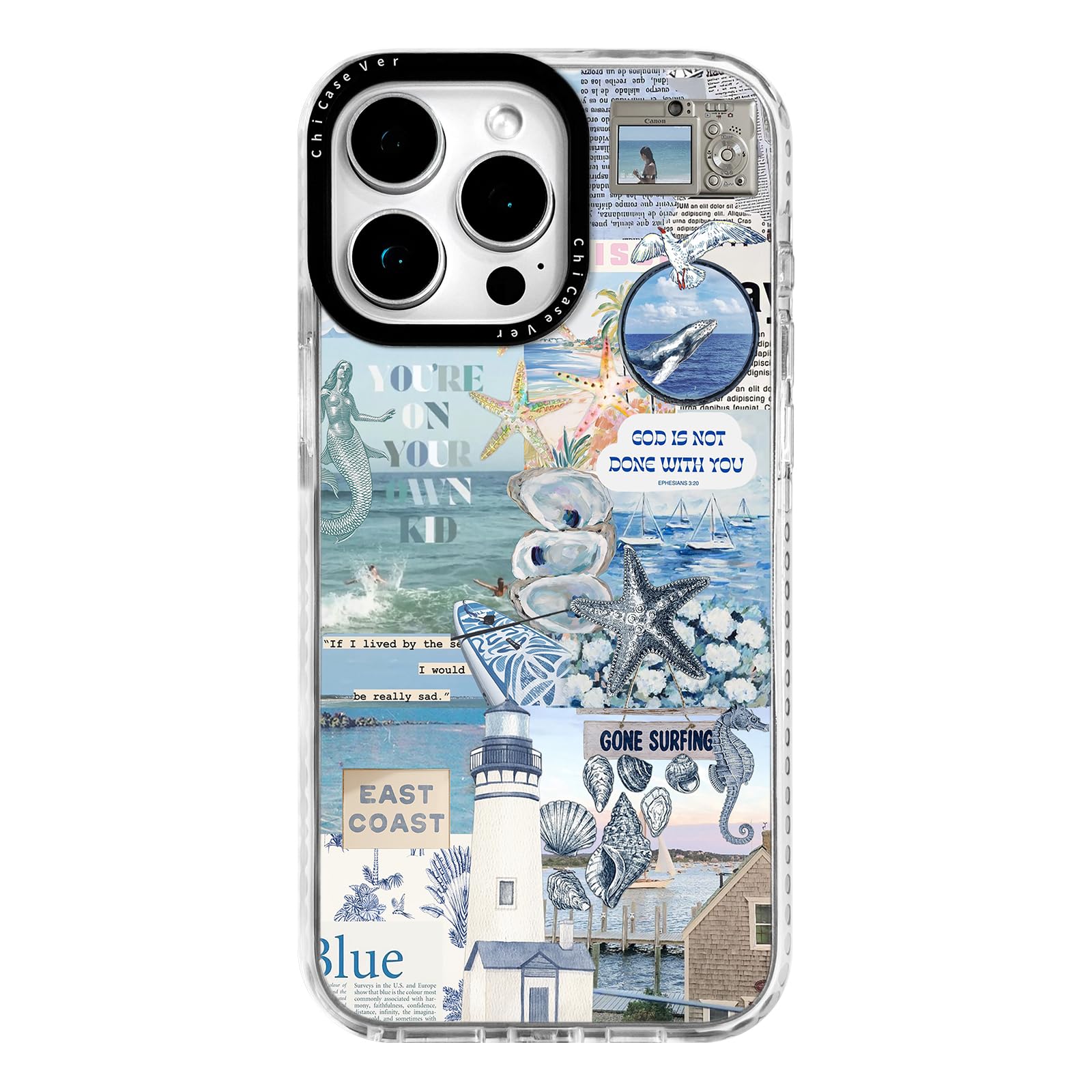 ChiCaseVer for iPhone 14 Pro Max Case,Coastal Inspiration Collage with Mermaid,Military-Grade Drop Protection,Vintage Coastal So