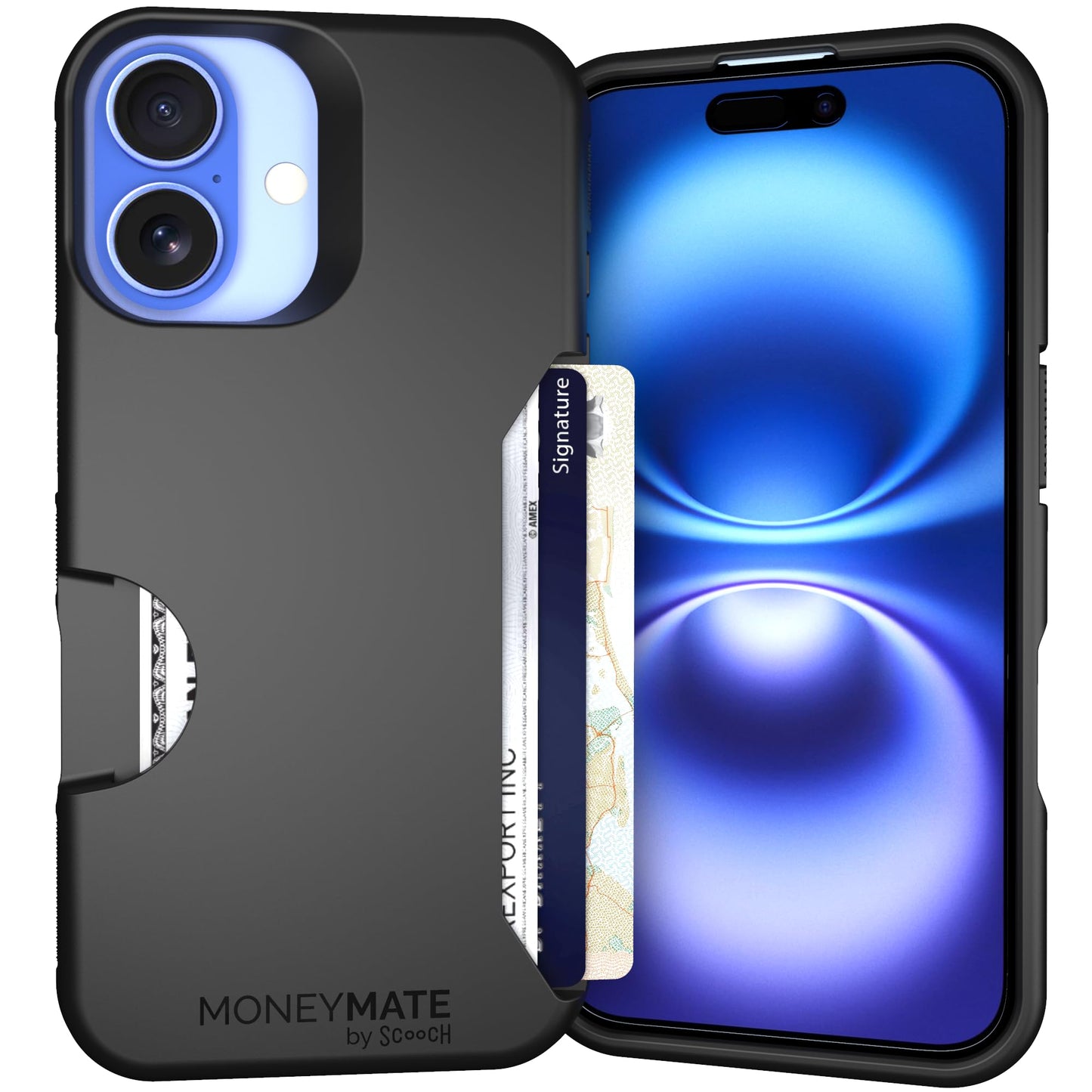 Scooch for iPhone 16 Case with Card Holder, Moneymate Wallet Case with Hidden Card Slot and Protection for 4 Cards, 10-Foot Drop