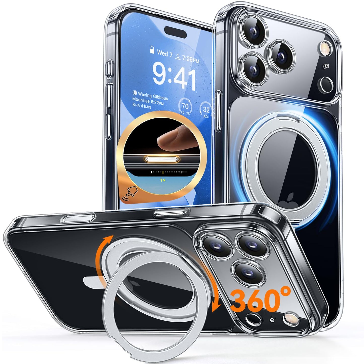 CANSHN 360 Spin Magnetic Stand for iPhone 17 Pro Max Case Clear with Camera Control [Full Camera Protection] [Compatible with Ma