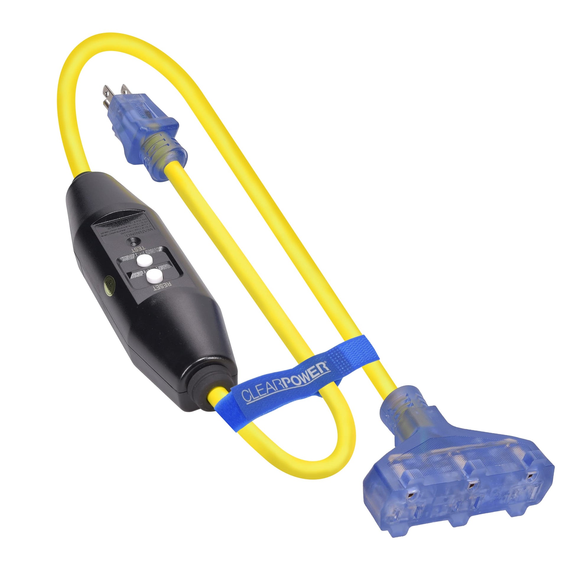 Clear Power 3 ft 12/3 SJTW, 3 Outlet Extra Heavy Duty Outdoor Extension Cord Adapter, with GFCI,Yellow, Water & Weather Resistan