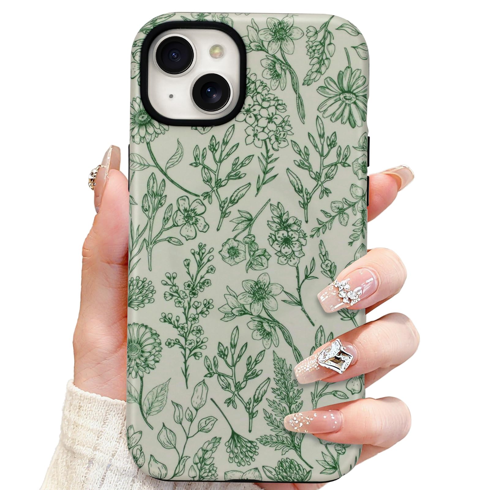 SOKAD Magnetic Sage Floral Phone Case for iPhone 15, Vintage Green Flower Pattern Compatible with Magsafe Matte Protective Case