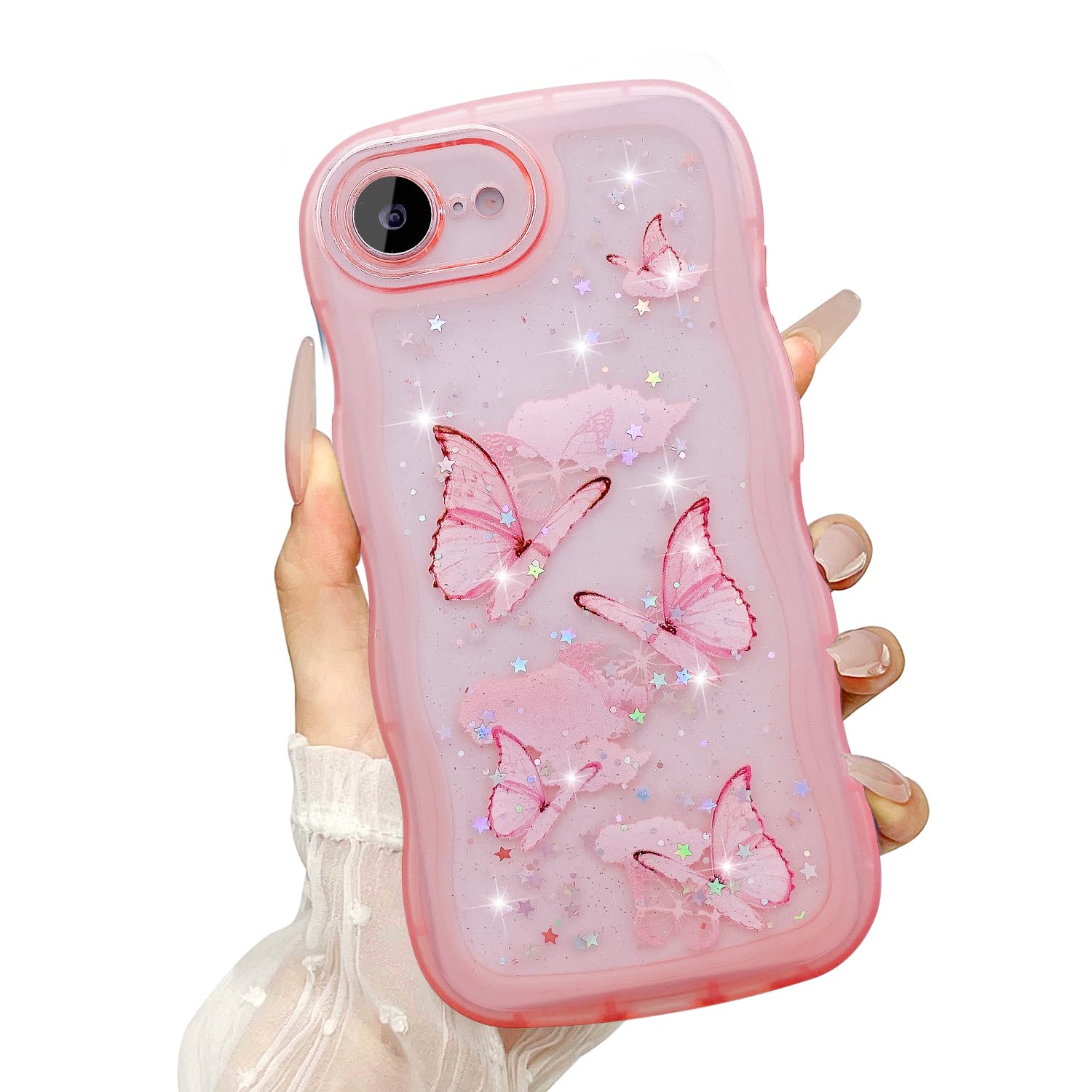UEEBAI Wave Butterfly Case for iPhone 16e Case, Pretty Bling Star Butterfly for Women Cute Shiny Glitter Phone Cover for Girls B
