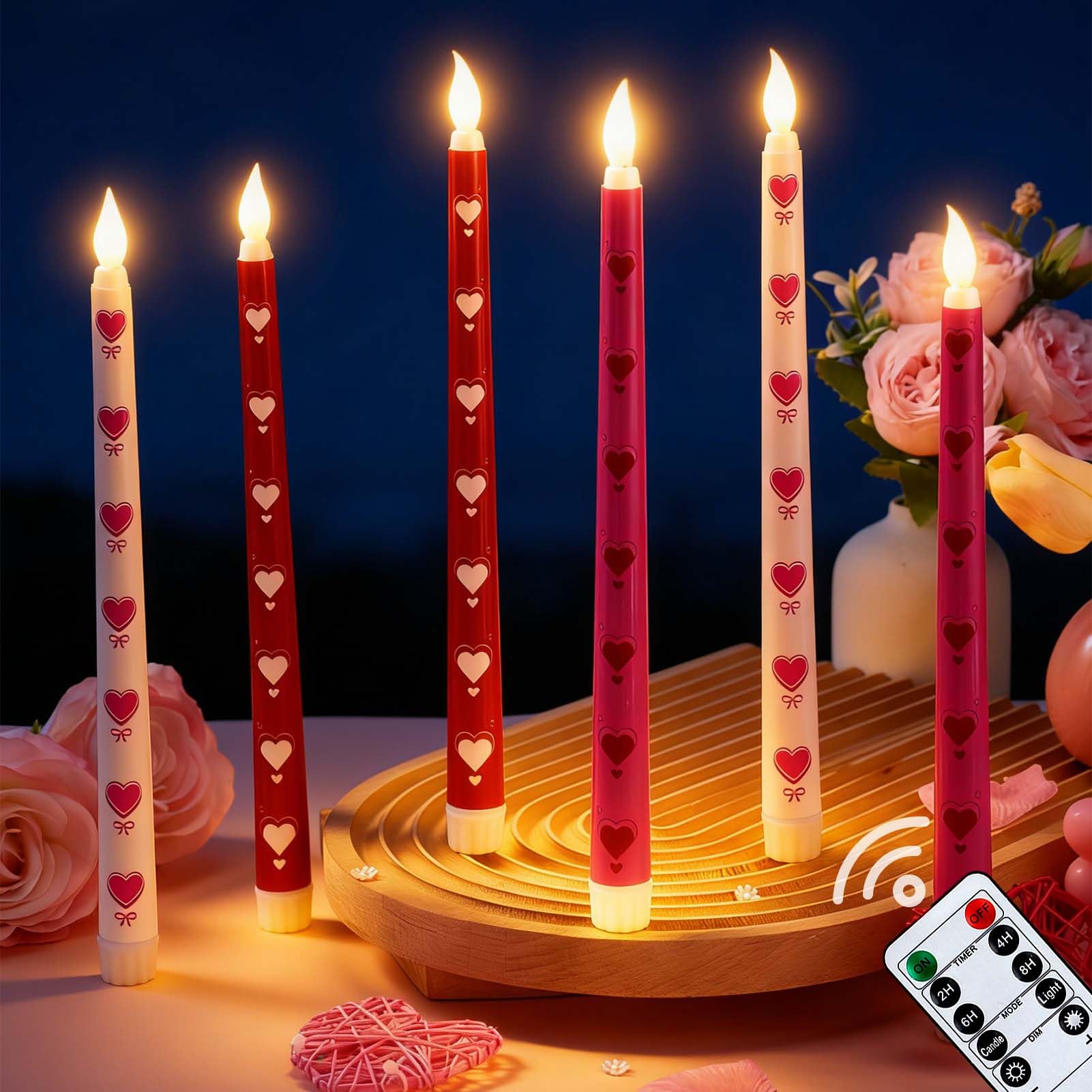 Alphatool 6 pcs LED Flameless Valentines Day Candles with Timer - 11in Red/Pink/White Heart Candle Light for Anniversary Romant