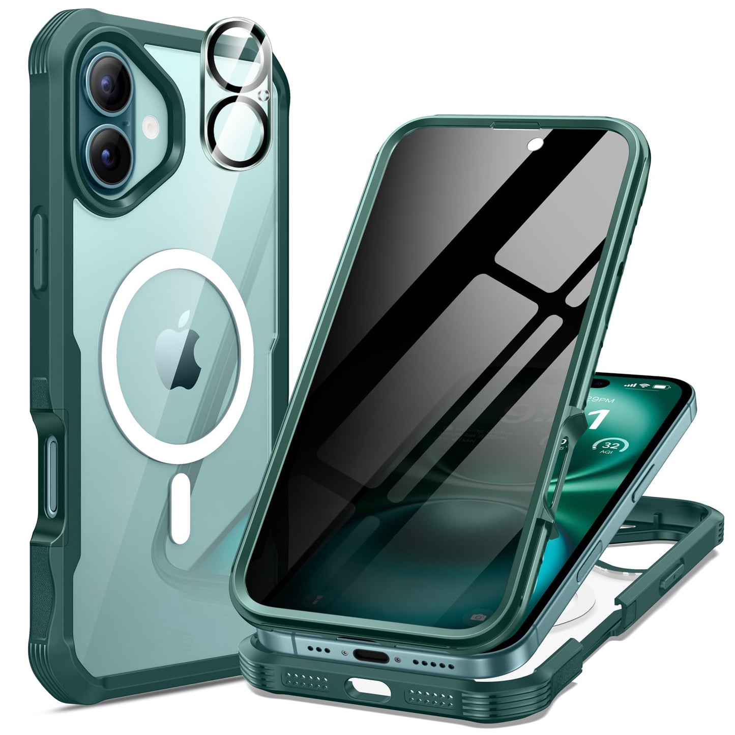 seacosmo for iPhone 16 Case, Full Body Bumper with Built-in 9H Tempered Glass Privacy Screen Protector and Camera Lens Protector