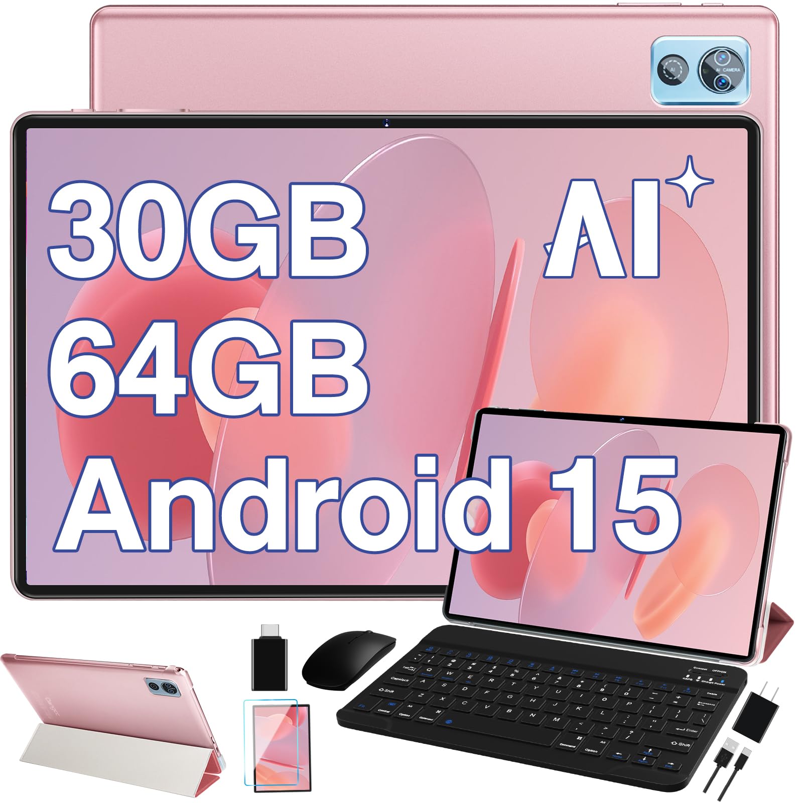 DEERTiME 2025 Latest Tablet 10 inch Android 15 Tablets with Keyboard, 30GB RAM 64GB ROM 2.0GHz Octa-Core, Dual Camera, 1TB Expan
