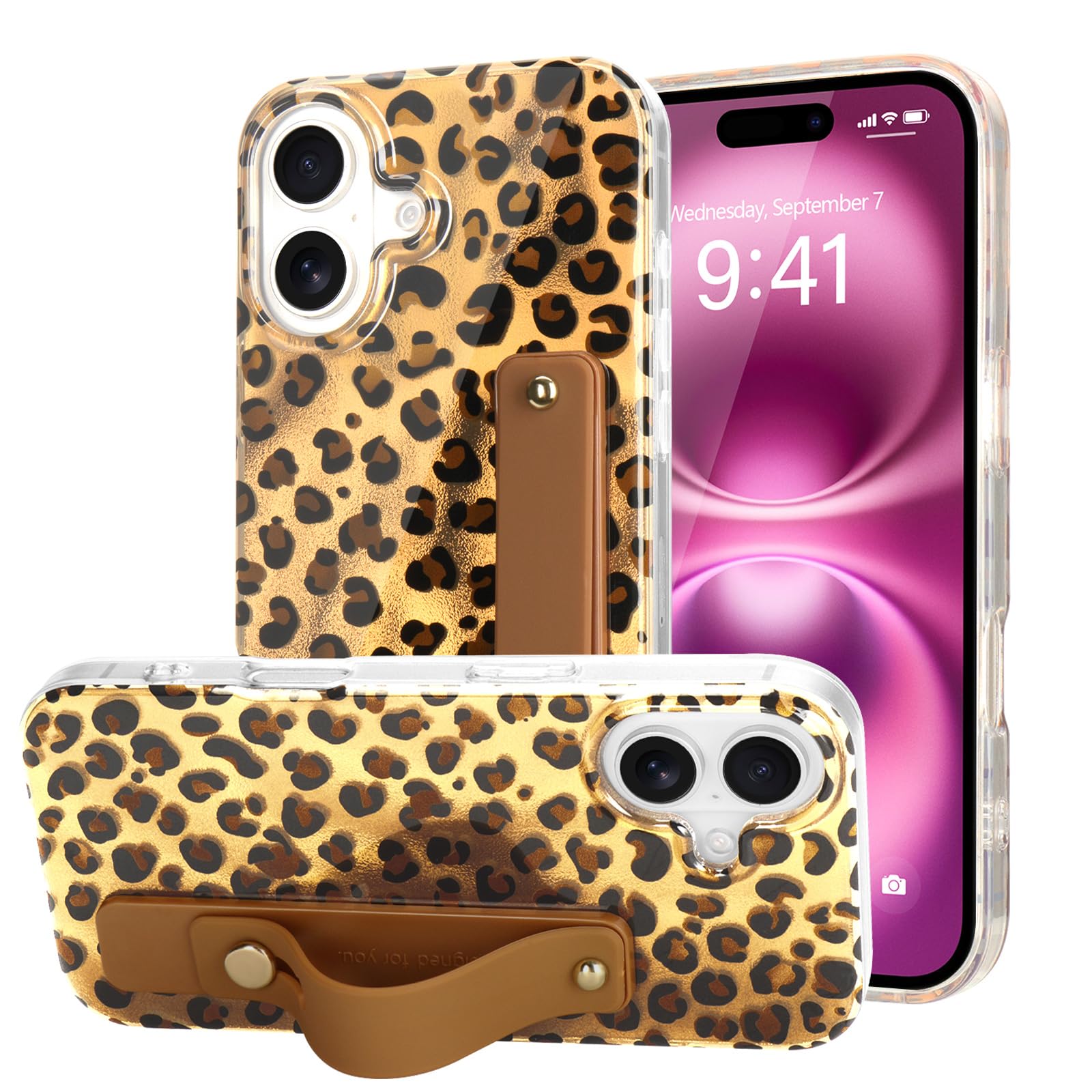LAPOPNUT for iPhone 16 Case with Wrist Strap, Cheetah Leopard Tortoise Shell Print Shockproof Soft TPU Protective Cover for Wome