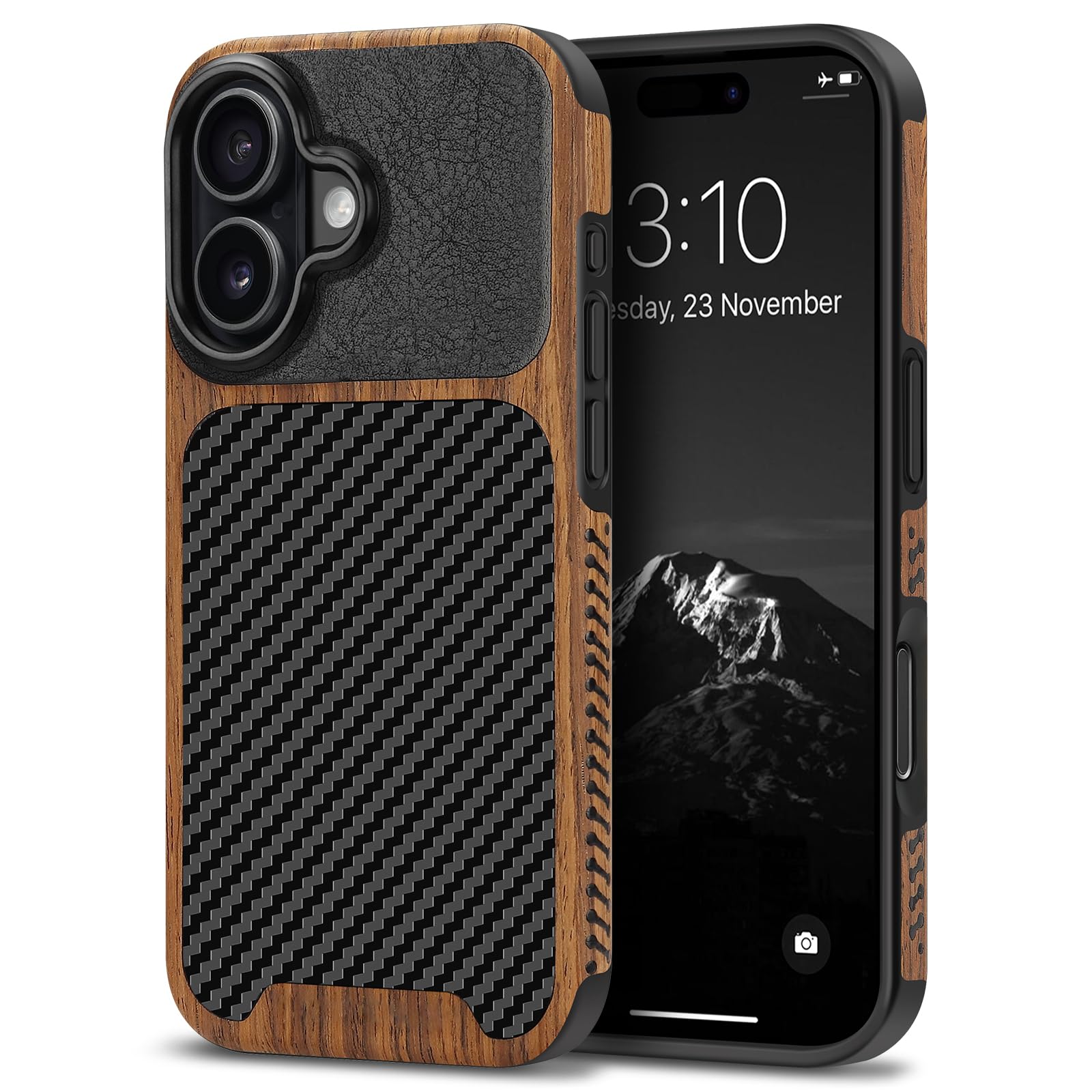 TENDLIN Compatible with iPhone 17 Case Wood Grain with Carbon Fiber Texture Design Leather Hybrid Slim Case (Black)