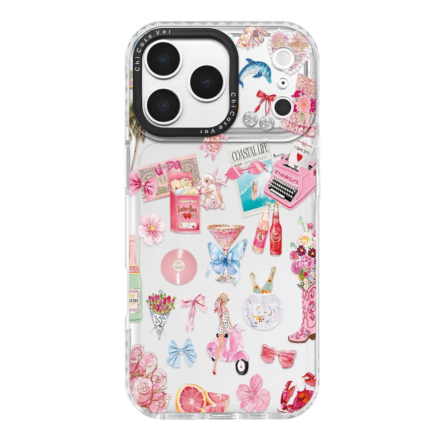 ChiCaseVer for iPhone 17 Pro Case, Coastal Romance Collage Pattern with Pink Love Motifs, Trendy Glamorous Soft Slim TPU Protect