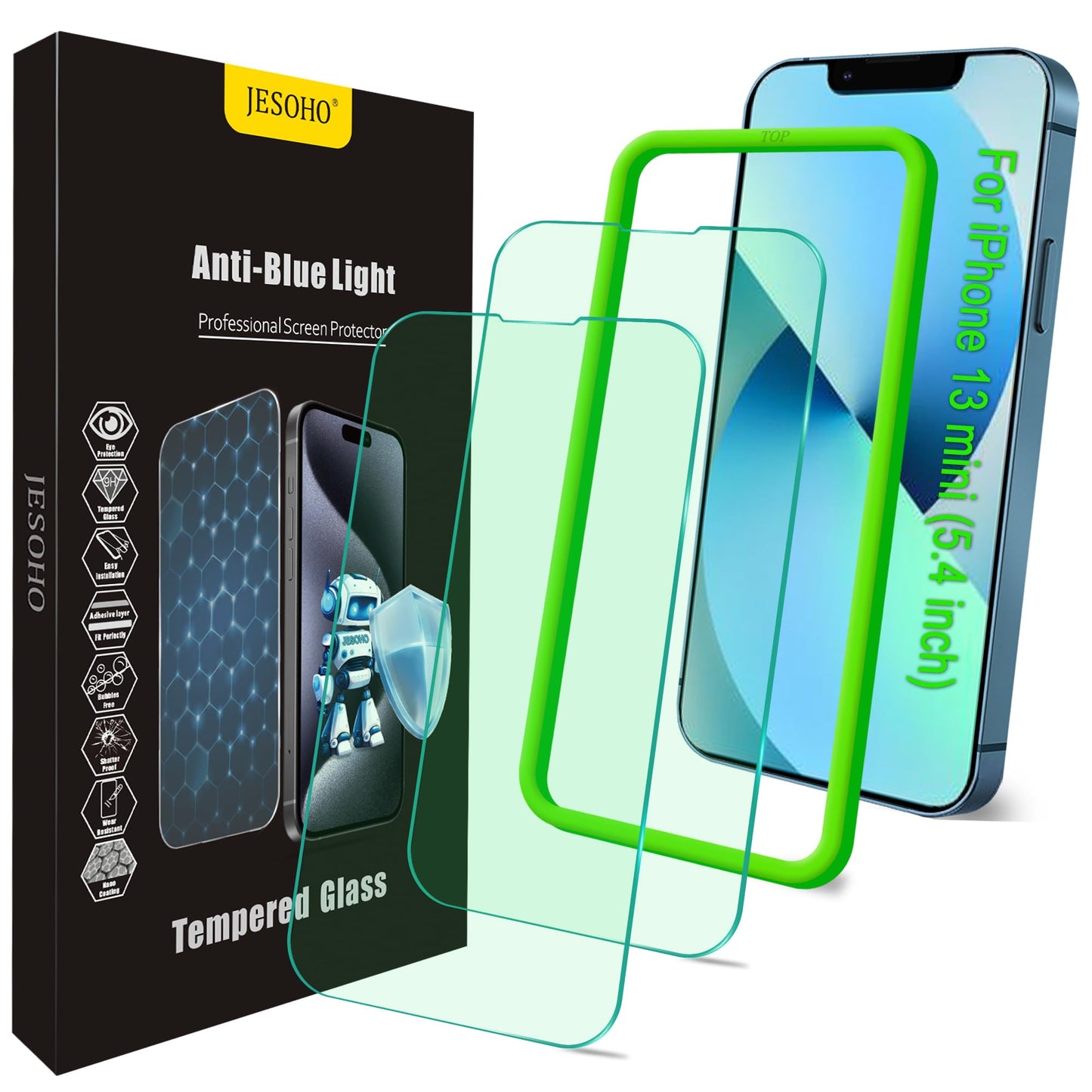 JESOHO Blue Light Screen Protector for iPhone 13 mini (5.4-inch), Eye Protection,Tempered Glass Film, Scratch-Resistant, No Bubb