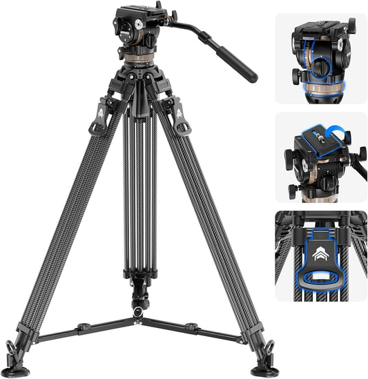 NEEWER 78 Carbon Fiber Video Tripod with Fluid Head, One Step Release Lock Tripod with 6 Level Dynamic Counterbalance, 4 Level P