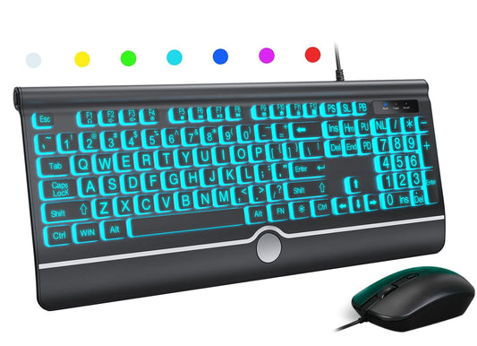 Wired Keyboard and Mouse Combo - Large Print Light Up Keyboard, USB Silent Wired Backlit Keyboard and Optical Mouse for Windows,