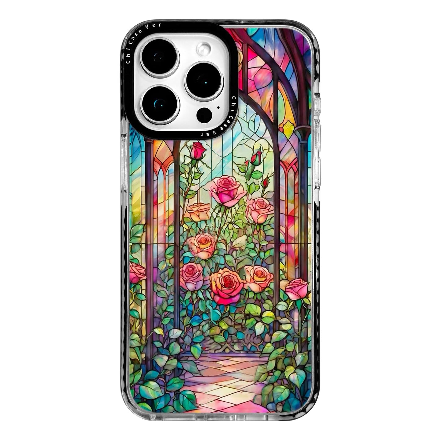 ChiCaseVer for iPhone 15 Pro Max Case,Stained Glass Rose Garden Pattern,Military-Grade Drop Protection,Elegant Floral Soft Slim