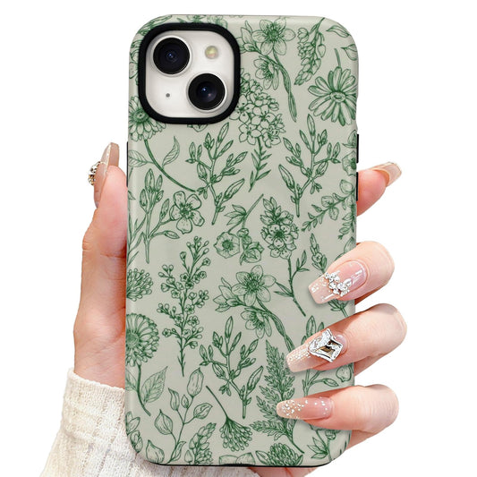 SOKAD Magnetic Sage Floral Phone Case for iPhone 15 Plus, Vintage Green Flower Pattern Compatible with Magsafe Matte Protective