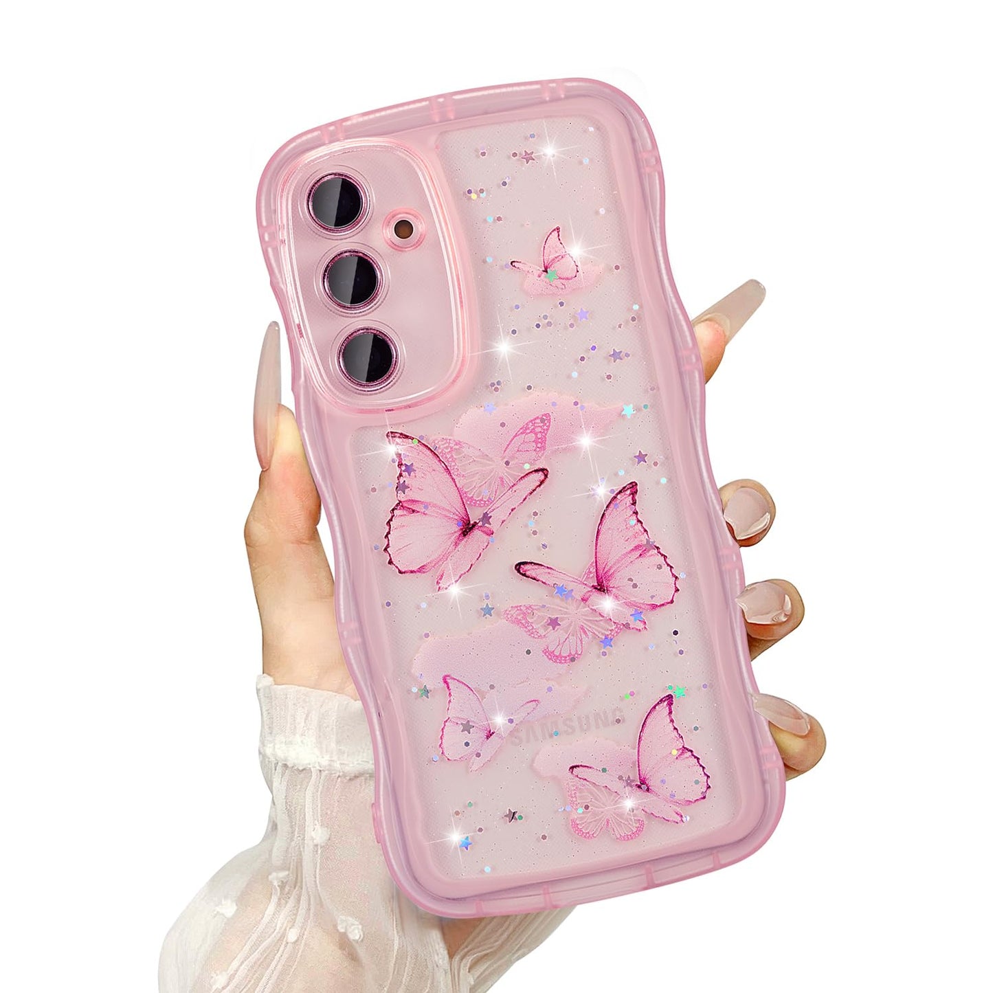 UEEBAI Wave Butterfly Case for Samsung Galaxy S21 FE Case, Pretty Bling Star Butterfly for Women Cute Shiny Glitter Phone Cover