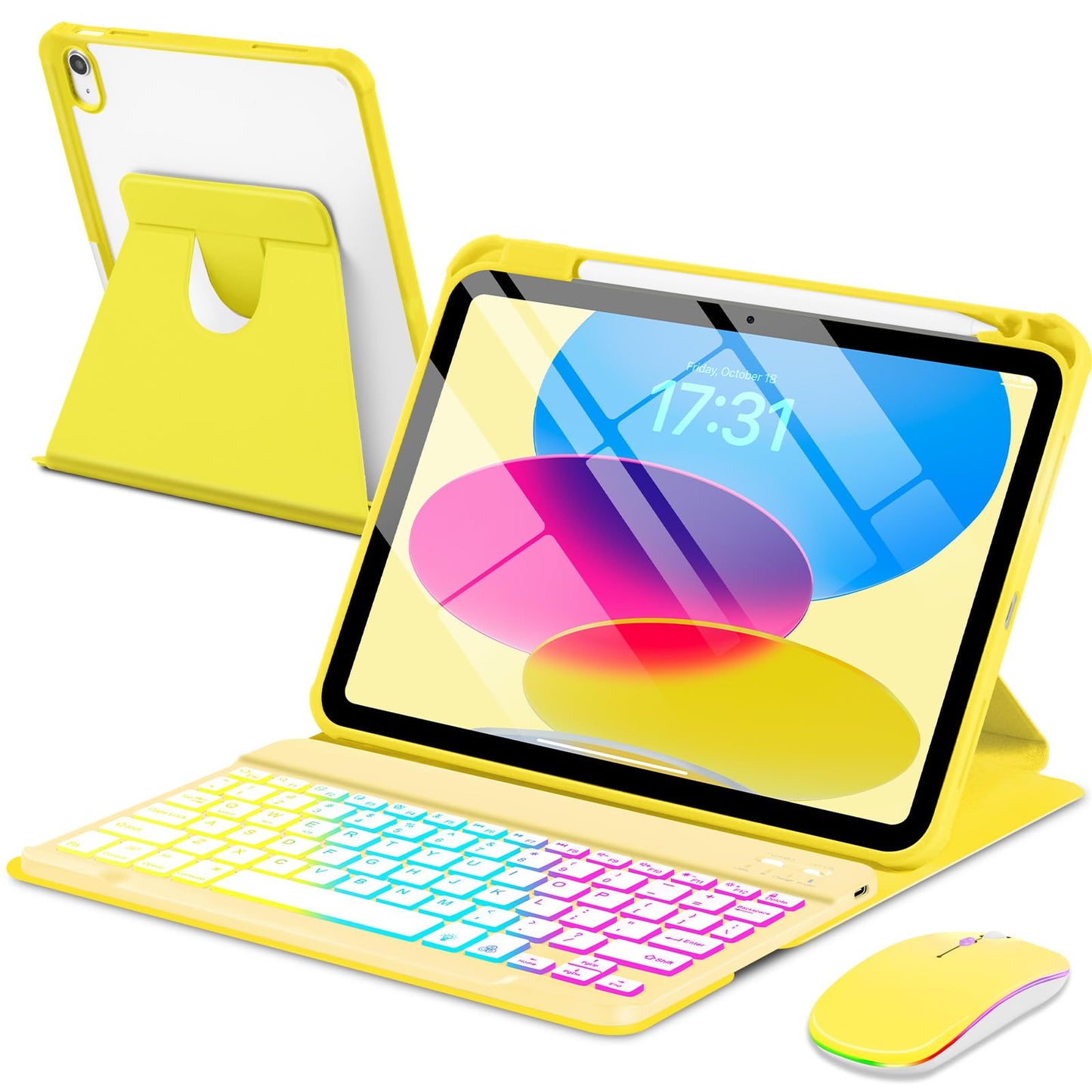 EAMPANG Case with Keyboard Mouse for iPad A16 11th 10th Generation 11/10.9 inch,Rainbow Backlit Detachable Keypad Rotatable Magn