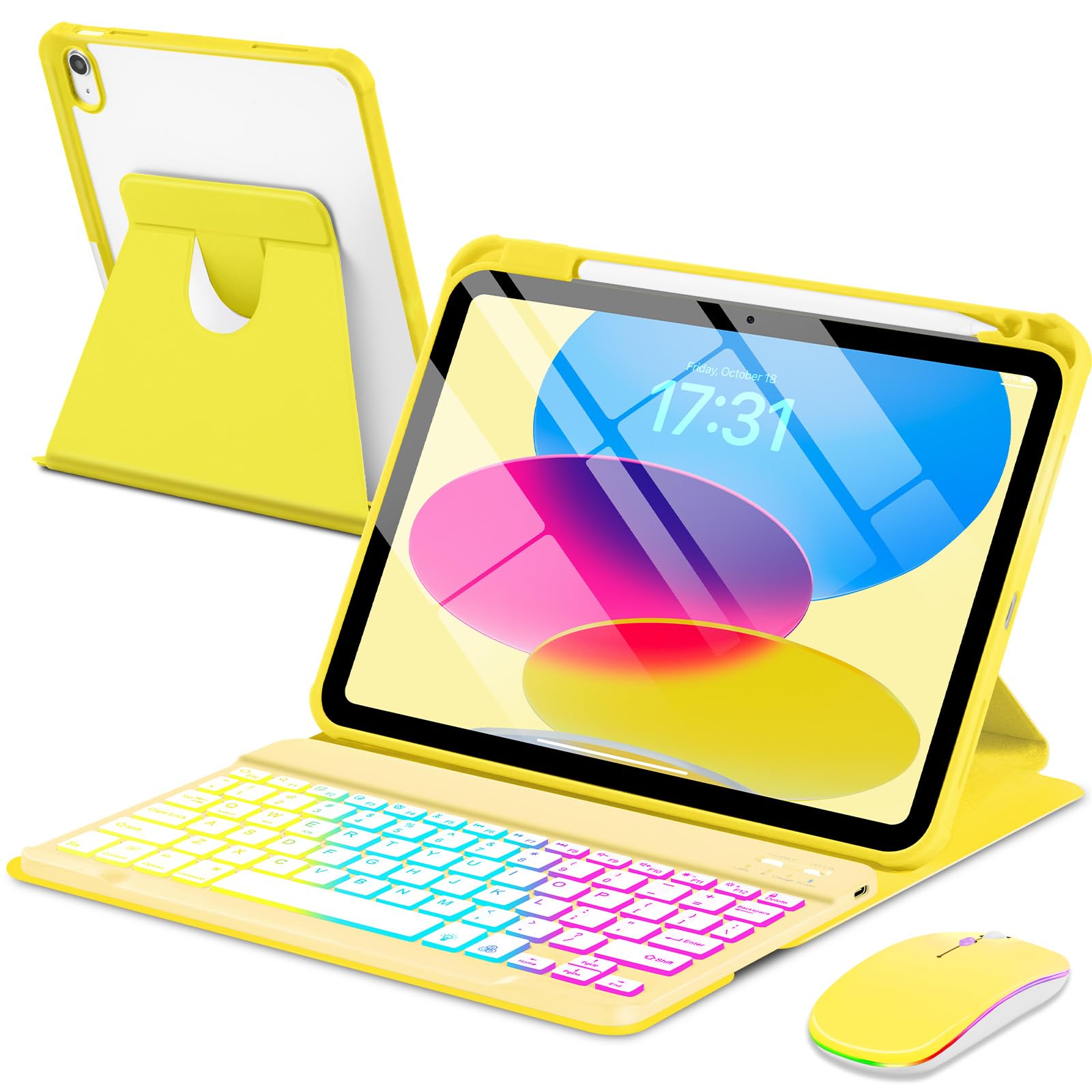 EAMPANG Case with Keyboard Mouse for iPad A16 11th 10th Generation 11/10.9 inch,Rainbow Backlit Detachable Keypad Rotatable Magn