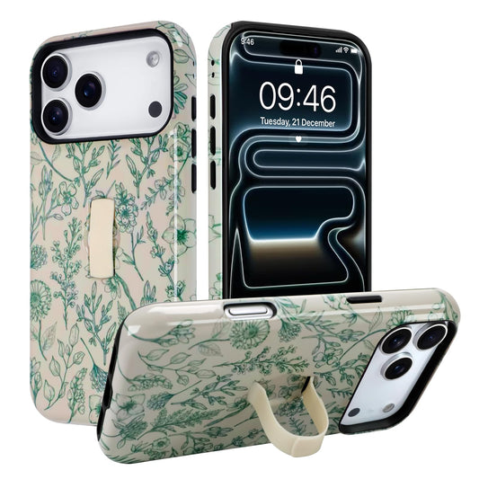 SOKAD Sage Flower Phone Case for iPhone 17 Pro Max with Finger Strap Kickstand, Vintage Green Flower Pattern for Girls Women, Gl