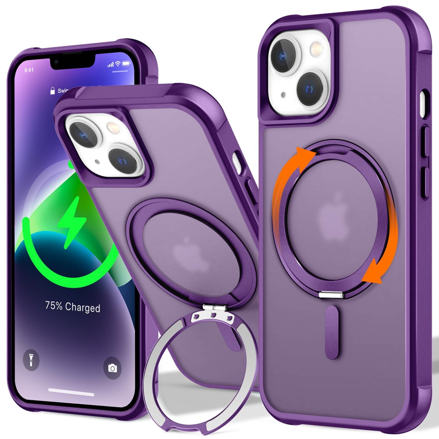 UMIONE 360 Rotatable Magnetic Ring Design for iPhone 14 Plus, Built-in Invisible Loop Stand, Compatible with Magsafe, Translucen