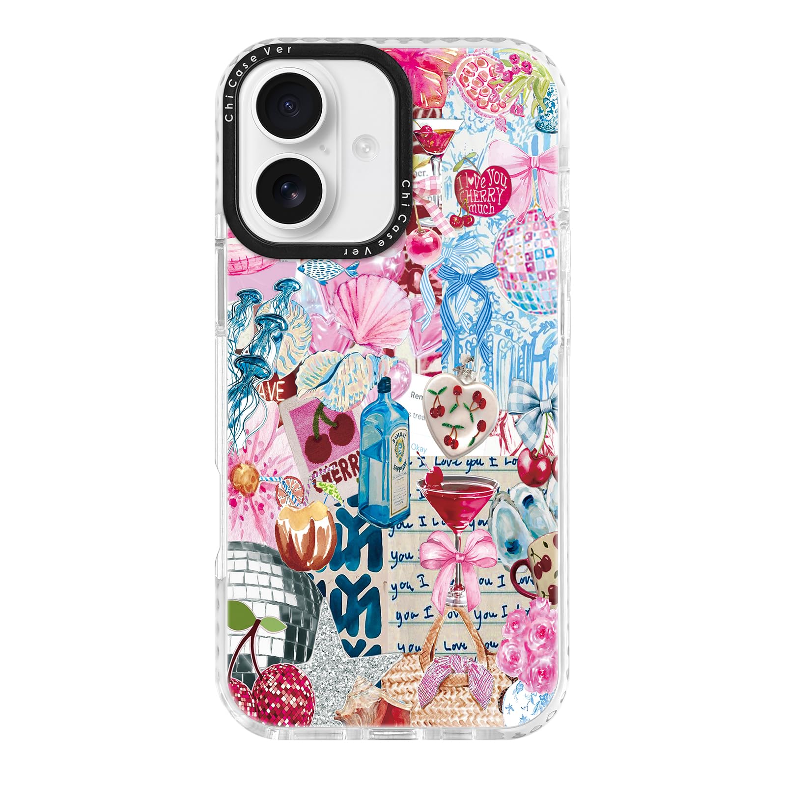 ChiCaseVer for iPhone 16 Plus Case, Cherry Love Collage Pattern with Romantic Notes & Seashells, Festive Soft Slim TPU Protectiv