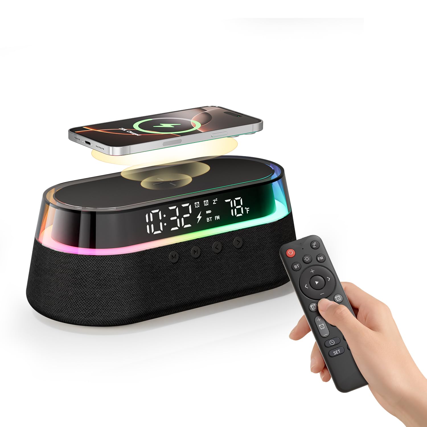 KUANGXIANG 6-in-1 Bluetooth Speaker Alarm Clock with Remote, 15W Fast Wireless Charger, FM Radio & Dimmable LED Night Light, Dua