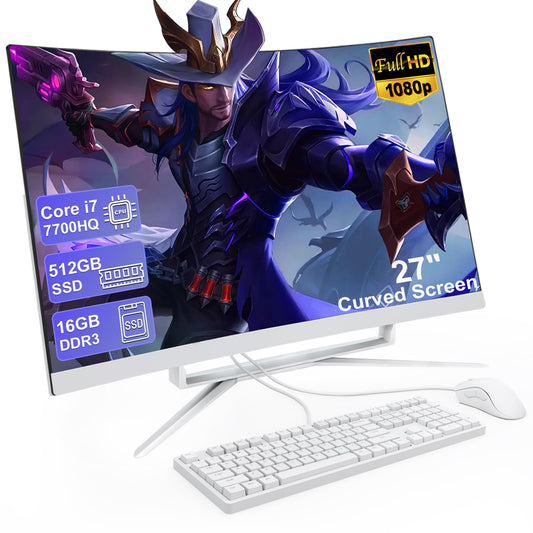 MECHAZER 27 inch All-in-One Desktop Computer, Curved FHD Display, All-in-One PC 16GB DDR3 512GB ROM SSD Core i7 7700HQ, HDMI Blu