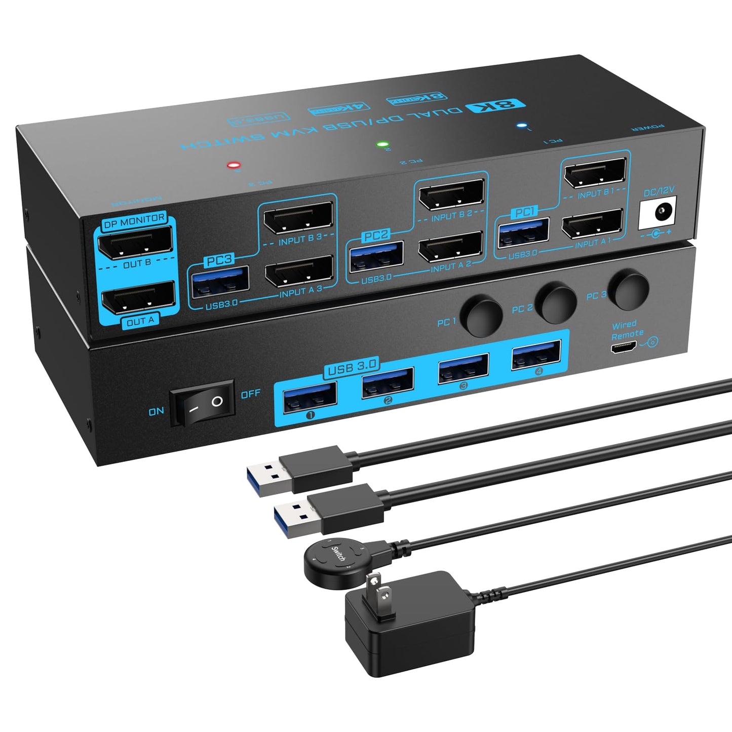 8K/4K Displayport 1.4 KVM Switch 2 Monitors 3 Computers Dual Monitor 8K@30Hz/4K@144Hz 3 Port Dual DP1.4 USB 3.0 KVM Switches 3 P