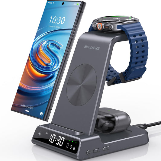 Wireless Charger Samsung Charging Station: 3 in 1 Android Charging Stand with Dimmable Clock - Nightstand Organizer for Galaxy S
