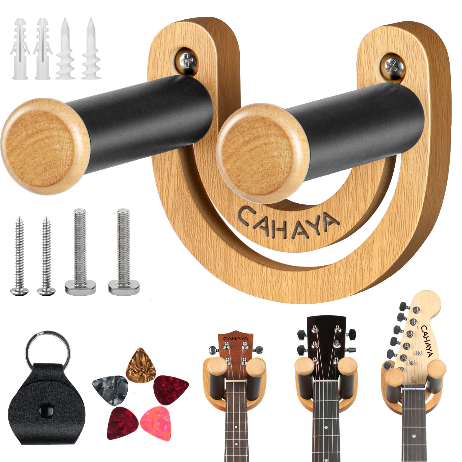 CAHAYA Guitar Wall Mount Hanger Adjustable U-Shaped Hook with 5 Picks and 1 Pick Bag for Acoustic Electric Bass Banjo Ukulele Ma