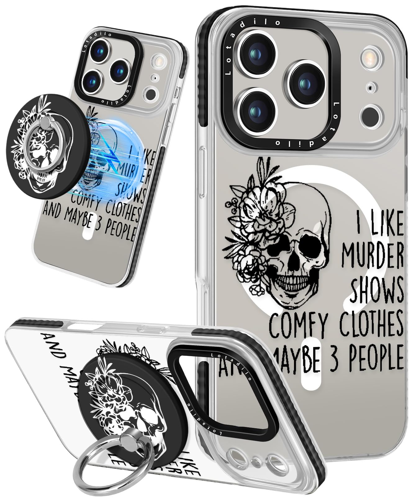 Lotadilo Case for iPhone 17 Pro Case Compatible with Magsafe Ring Holder Stand - for Women Skull Design TPU Phone Cover for Girl