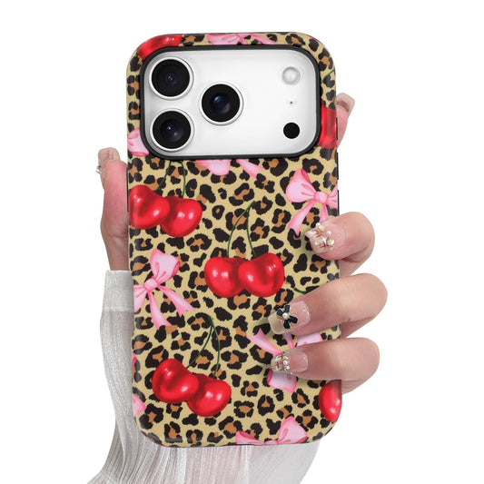 SOKAD Magnetic Cherry Bow Phone Case for iPhone 17 Pro Max, Cute Cherry Pink Bow Vintage Leopard Pattern Compatible with Magsafe