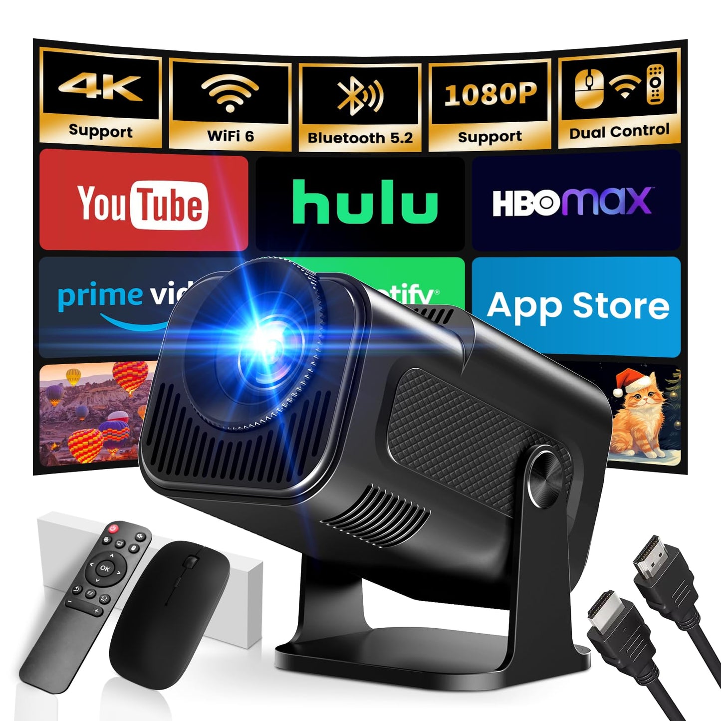 Mini Projector with WiFi and Bluetooth Built-in Apps Smart Projector Support 1080P FHD Movie Projector for Bedroom 180 Rotatable
