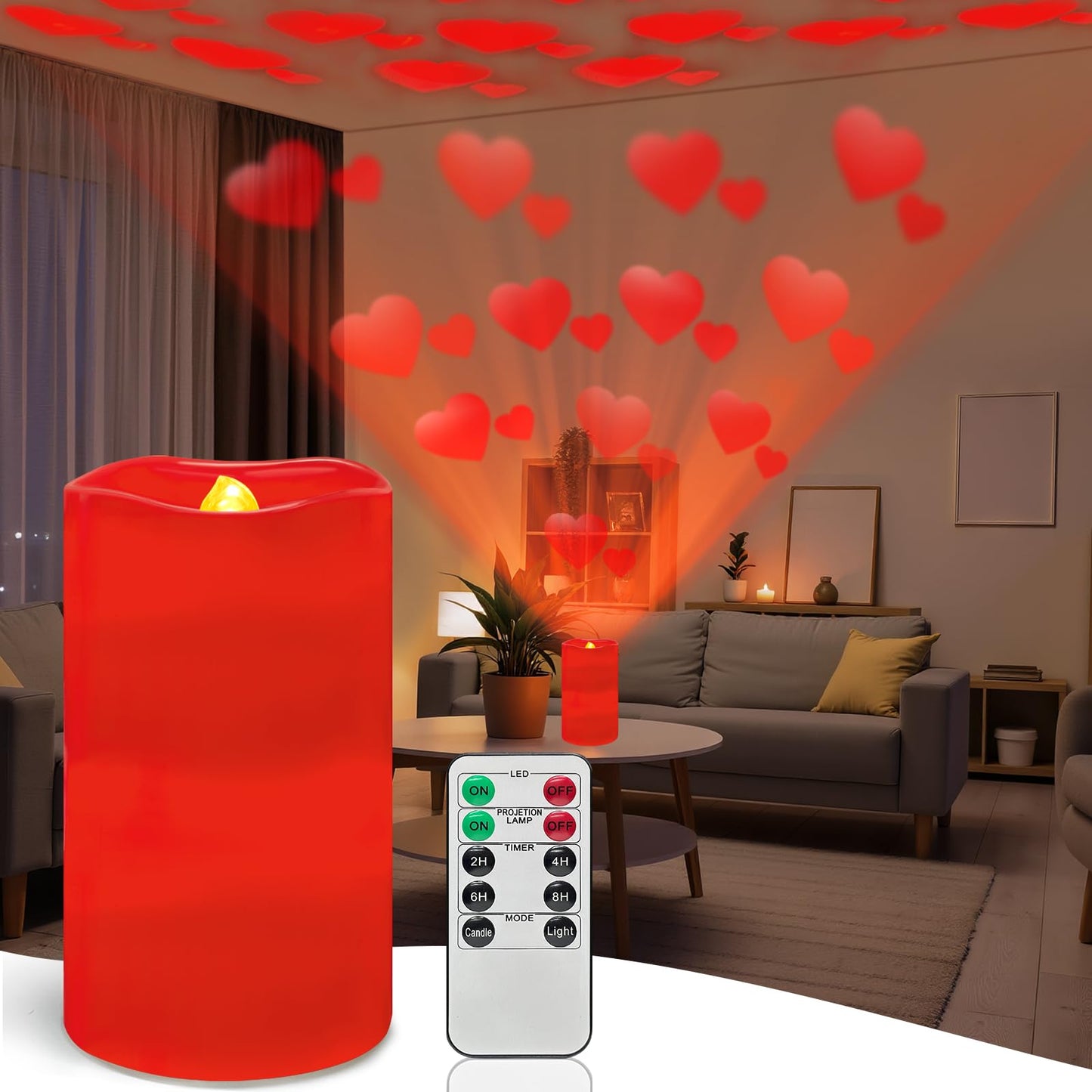 Strackvial Flameless Candle Heart Projector Light,Valentines Day Decorations Candles Lamp with Romantic Red Heart Projector Ligh