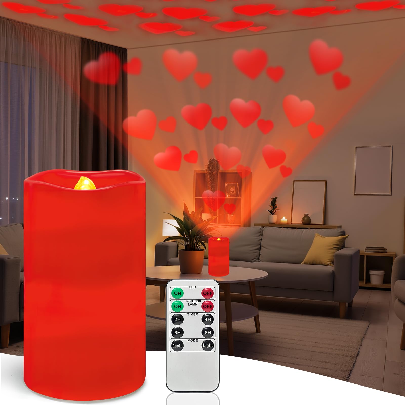 Strackvial Flameless Candle Heart Projector Light,Valentines Day Decorations Candles Lamp with Romantic Red Heart Projector Ligh