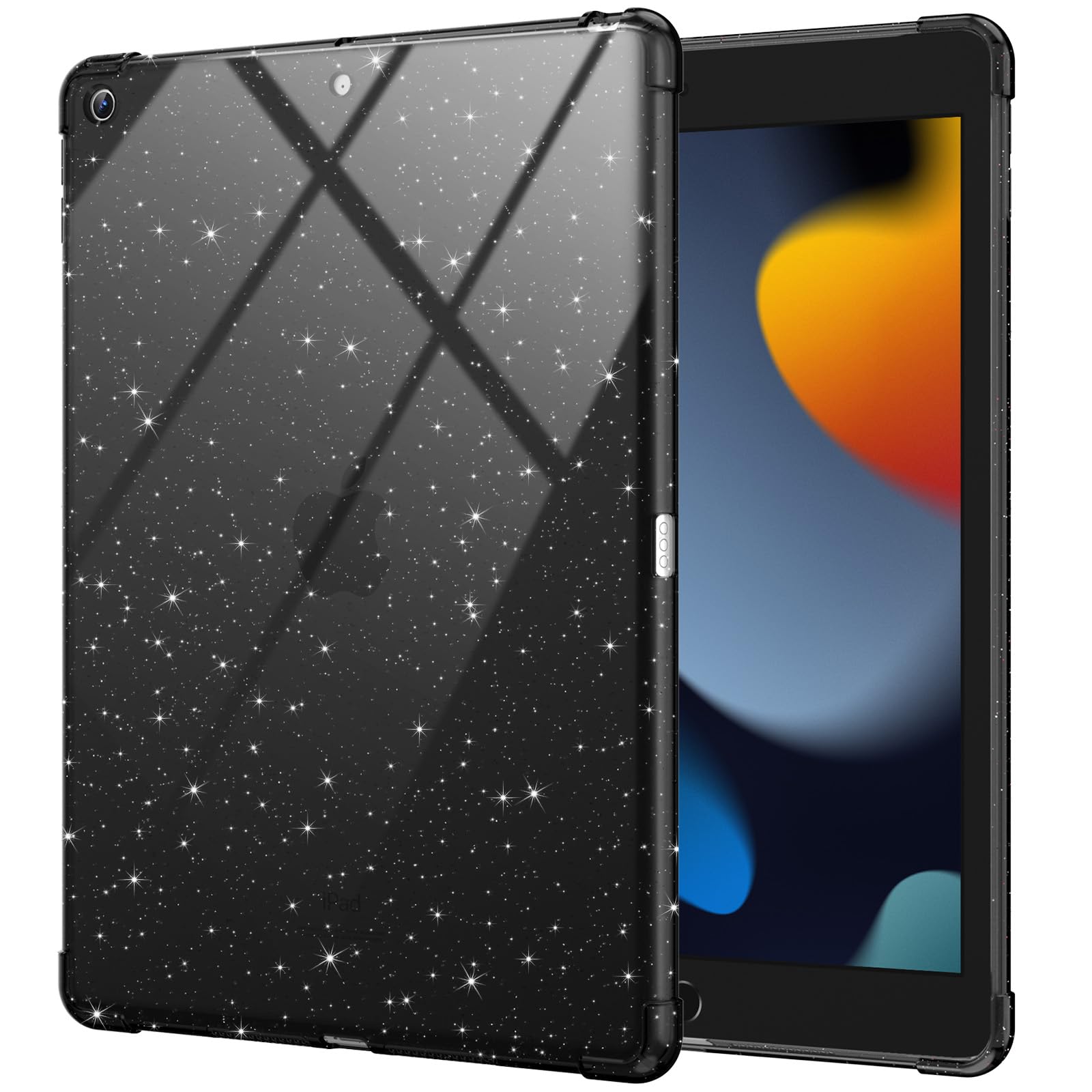 BLOSOMEET Black Glitter Case for iPad 9th Generation with Sparkly Crystal Clear Back, iPad 8th/7th Gen Case 10.2-inch, Slim Ligh