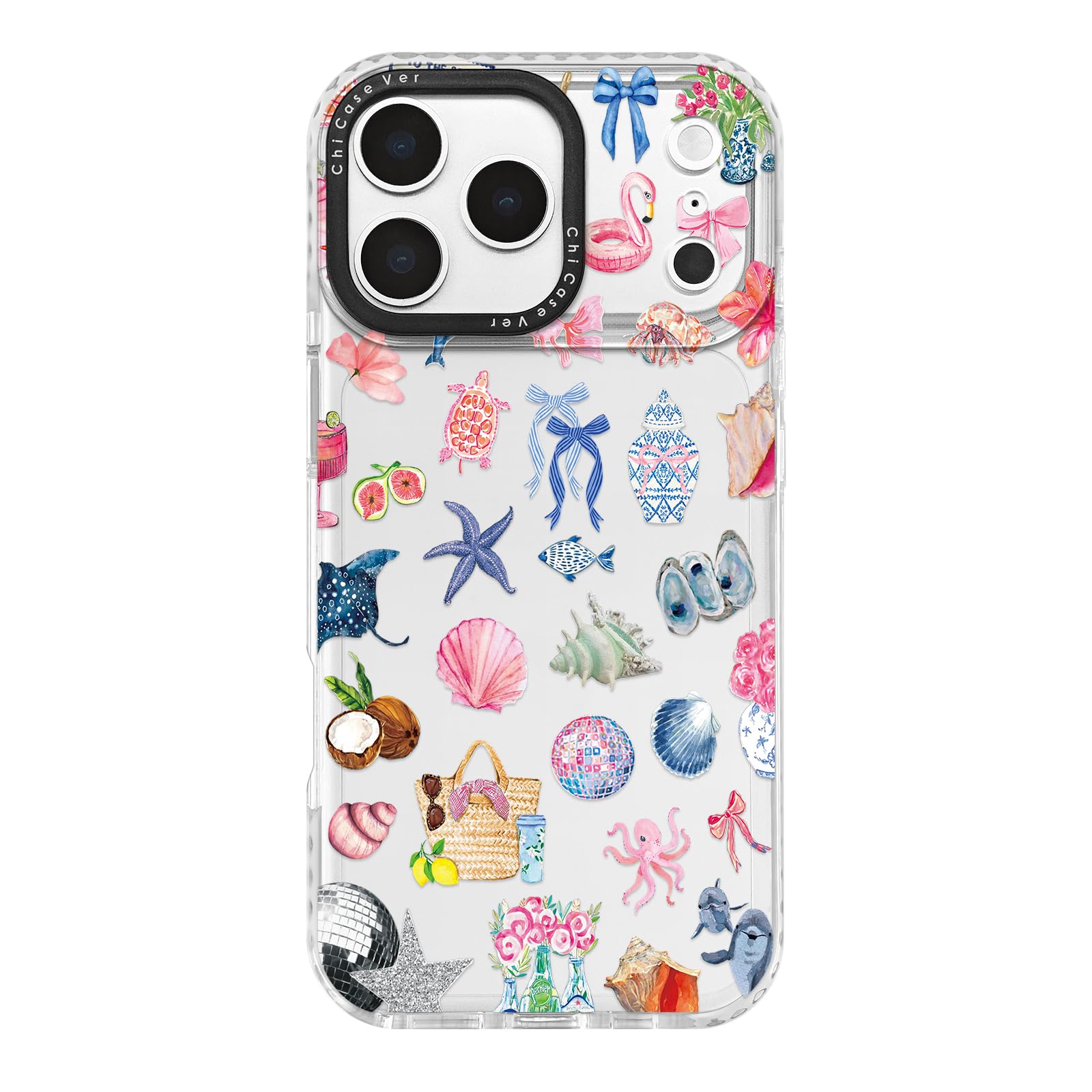 ChiCaseVer for iPhone 17 Pro Max Case, Tropical Beach Collage Pattern with Shells & Flamingos, Colorful Summery Soft Slim TPU Pr