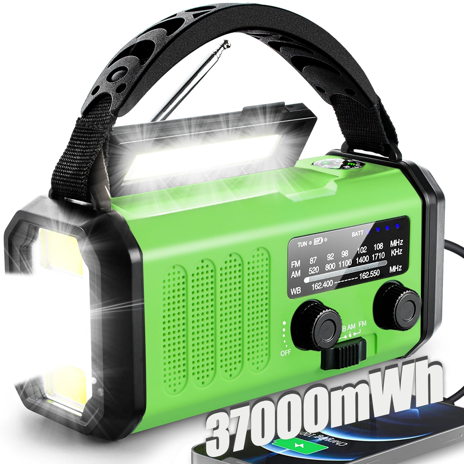 Hand Crank Emergency Radio,37000mWhSolar Powered Hand Crank Portable NOAA AM FM Weather Radio with 3Mode Flashlight and Reading