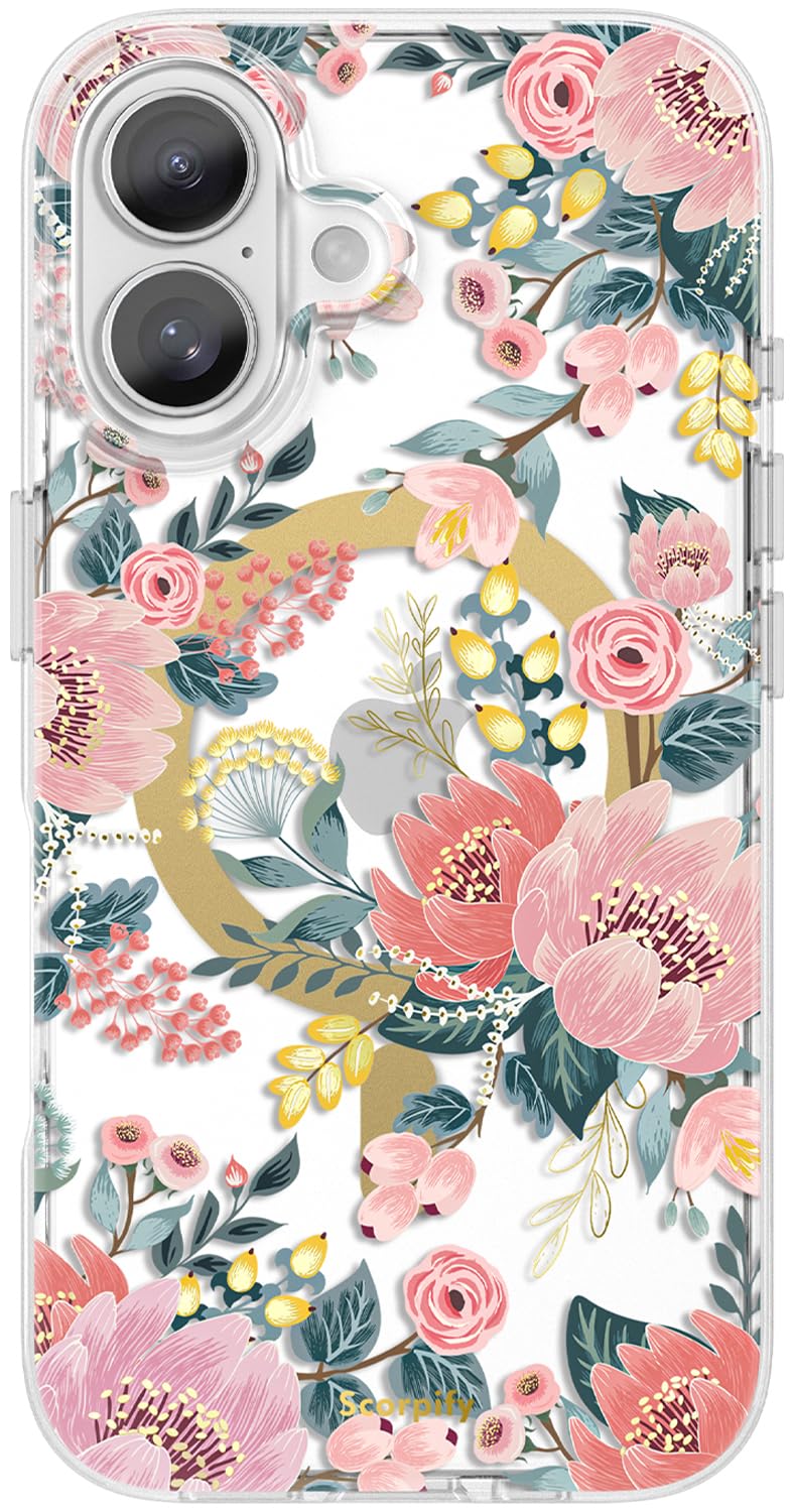 SCORPIFY for iPhone 17 Case [Compatible with MagSafe] with Pink Epiphyllum Floral Design, Cute Clear Flower Magnetic Phone Cover