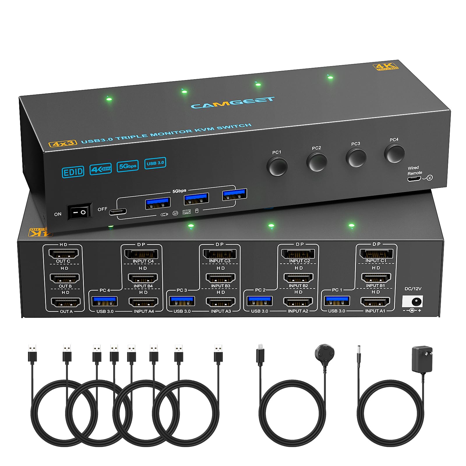 KVM Switch 3 Monitors 4 Computers 4K@60Hz,EDID Simulation,USB 3.0 HDMI Displayport KVM Switch Triple Monitor for 4 PC Share 3 Mo