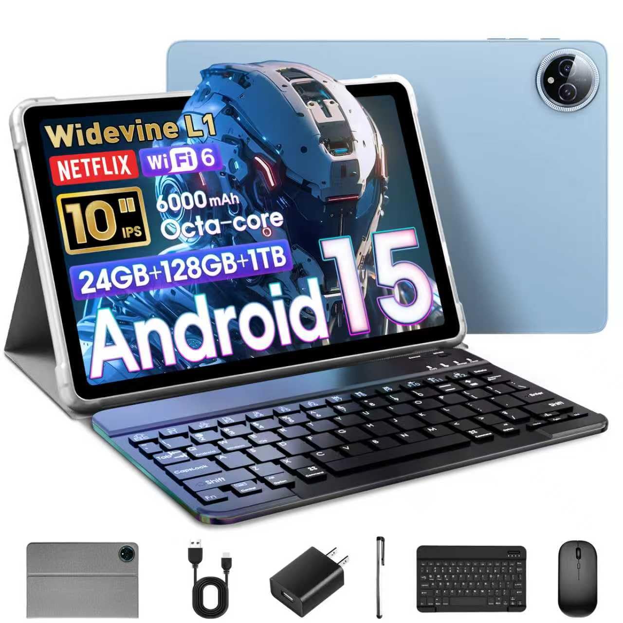 Raemond Android 15 Tablet 10 Inch, 24GB RAM+128GB ROM/1TB Expandable, 1.8GHz Octa-core CPU, 1280x800 IPS HD Display, WiFi 6, BT